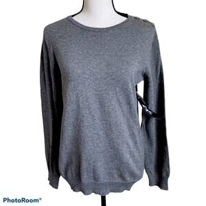 ANNE KLEIN SPORT Gray Crew Neck Button Shoulder Sweater Women M Cashmere Blend